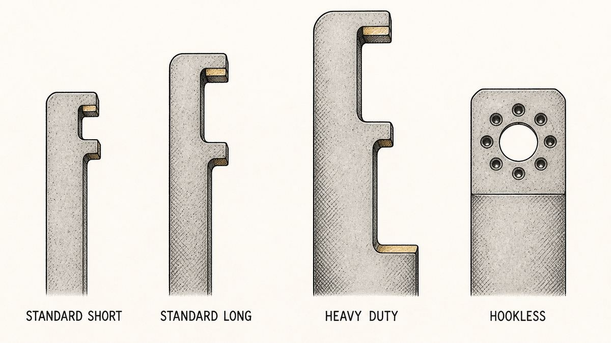 Four forklift fork hook profiles drawn side by side in a single row as a hand-drawn pen-and-ink engineering plate, each shown as the top portion of an upright fork shank seen from the side so only its mounting hooks are visible, each with a label underneath: a shank with a single narrow upper hook and a short lower hook set close together; a shank with a noticeably taller upper hook and a deeper lower hook set further apart; a shank with a very tall heavy upper hook and a long deep lower hook on a thicker shank; and a shank with no hooks at all, carrying a plain round bore with a ring of bolt holes around it and a shallow locating groove across its face