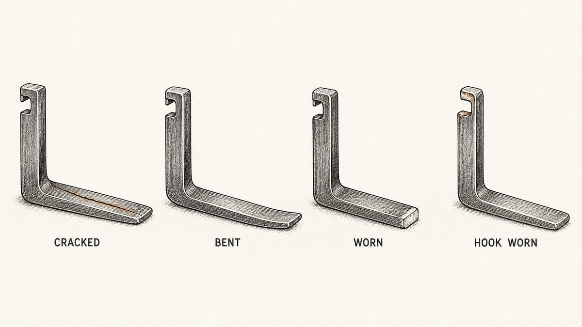 Four rejected forklift forks drawn in a single horizontal row across the middle of the frame as a hand-drawn pen-and-ink engineering plate, each an isolated fork seen from the side with a label underneath: a fork with a fine crack running away from the heel across the top of the blade toward the shank, drawn as a dark hairline with a faint stained shadow around it; a whole-tine fork whose blade has been bent downward into a shallow permanent curve so it no longer lies straight; a fork whose tip has worn away until the blade is short and blunt with the taper entirely gone and the end squared and bright; and a fork whose shank hooks have worn so thin on their bearing faces that they are visibly flattened, narrowed and polished bright compared with the rest of the metal