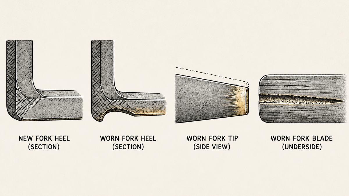 Four close-up views of forklift fork wear drawn in a single row as a hand-drawn pen-and-ink engineering plate, each an isolated detail with a label underneath: the heel of a new fork in cut section across where the blade leaves the shank, the metal thick and full with a generous flat underside; the same heel section after years of service with the whole underside worn into a deep concave step so the metal is visibly thinner and the underside bright and polished; the tapered blade of a fork seen from the side with its tip worn blunt and squared off and shiny, the original profile drawn lightly behind it for comparison; and the underside of a fork blade seen from below with the surface scoured into long shallow lengthwise grooves and one deep gouge running across it