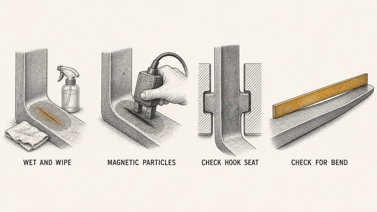 Four forklift fork inspection details drawn in a single row as a hand-drawn pen-and-ink engineering plate, each an isolated detail with a label underneath: the heel of a fork with a small spray bottle beside it and a patch of its surface wetted and wiped dry, a fine hairline crack across the wetted patch showing as a dark line with a faint coloured bleed spreading from it; the same heel with a small handheld probe unit held against it and fine dark magnetic particles clinging in a line along the crack; the shank of a fork offered up into a pair of carriage hook recesses in cut section with the hooks sitting fully home and seated square; and the blade of a fork with a straight steel rule laid along its top edge and a visible gap showing between the rule and the bent blade