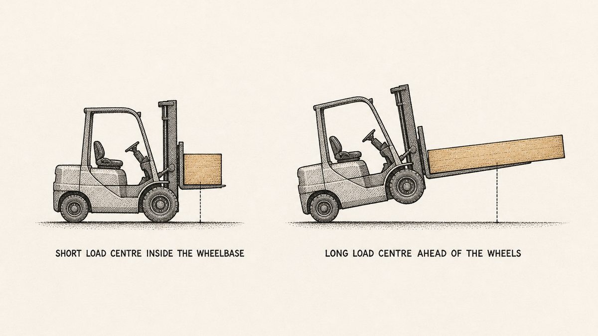 Two forklift trucks drawn side by side in a single row as a hand-drawn pen-and-ink engineering plate on a plain off-white paper ground, each with a caption underneath: the left truck carries a short plain rectangular block load seated close in against its carriage with a fine dotted vertical line dropping from the centre of the load to the ground and passing safely between the front and rear wheels while the truck stands level on all four wheels; the right truck carries a much longer plain rectangular block load whose centre sits far forward of its carriage, the same dotted vertical line falling well ahead of the front wheels, and the truck drawn physically tilted back so its front wheels are lifted clear of the ground and it rests on its rear wheels only