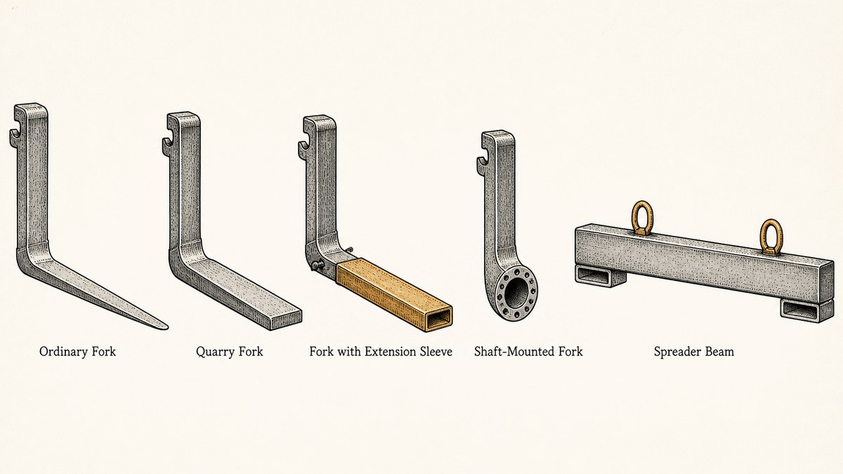 Five kinds of forklift fork and load handling attachment drawn in a single row as a hand-drawn pen-and-ink engineering plate on a plain off-white paper ground, each seen from the side with a label underneath: an ordinary tapered fork standing upright on its shank with its blade tapering to a thin rounded tip; a heavy quarry fork with a thick blade whose tip is blunt and which does not narrow along its length; a fork with a long hollow rectangular steel extension sleeve pushed onto its blade and held by a pin through the sleeve; a shaft-mounted fork shown by itself with a plain round bore through the lower part of its shank and a ring of bolt holes around the bore and no hooks; and a spreader beam drawn as a long horizontal steel bar with two loop lifting points on top and two short fork pockets underneath, one at each end