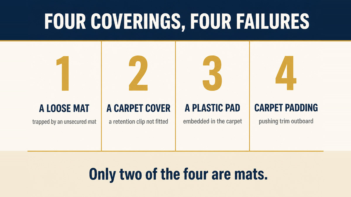 A four column infographic titled Four Coverings Four Failures showing a loose mat, a carpet cover whose retention clip was not fitted, a plastic pad embedded in the carpet, and mis-positioned carpet padding