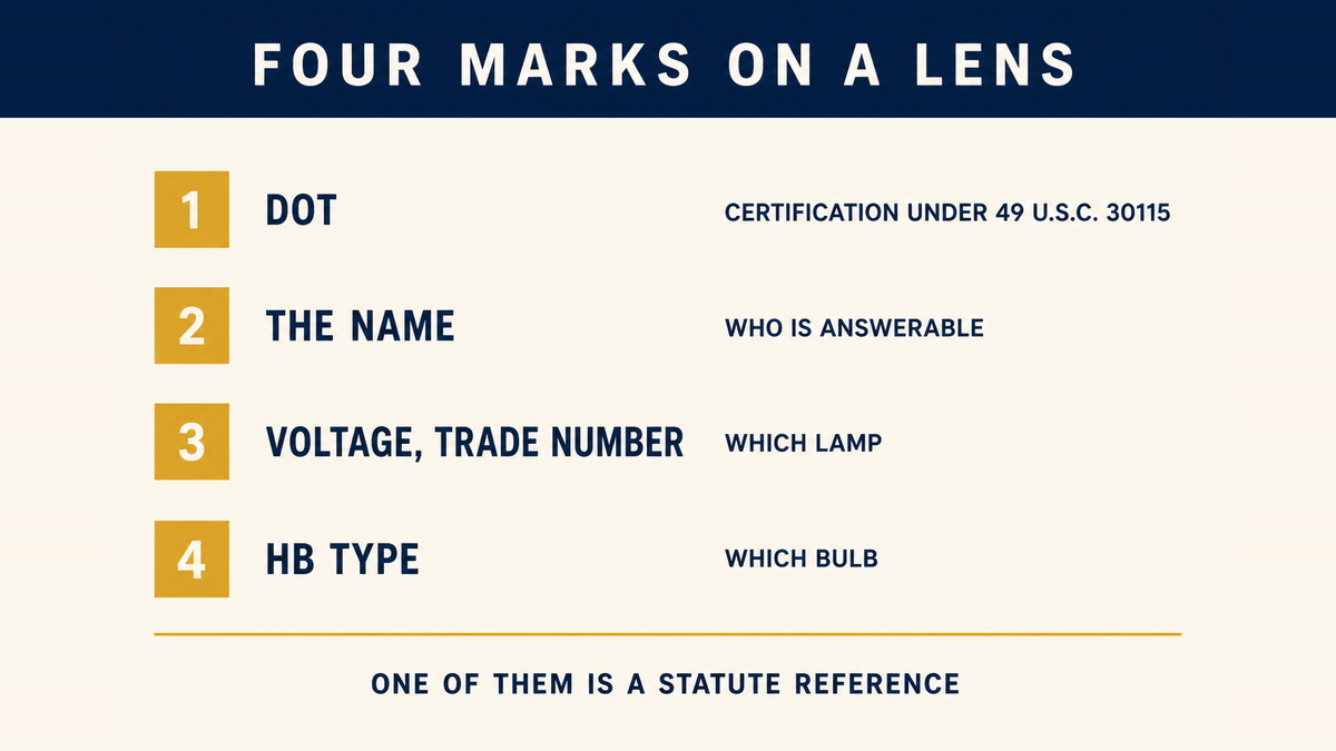 An infographic showing four marks on a headlamp lens, the DOT symbol meaning certification under 49 U.S.C. 30115, the trademark of the maker or importer, the voltage and trade number, and the HB type printed in front of each bulb