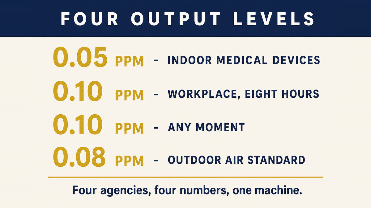 An infographic titled Four Output Levels listing 0.05 ppm for indoor medical devices, 0.10 ppm for workplace exposure over eight hours, 0.10 ppm not to be exceeded at any moment, and 0.08 ppm as the outdoor air standard