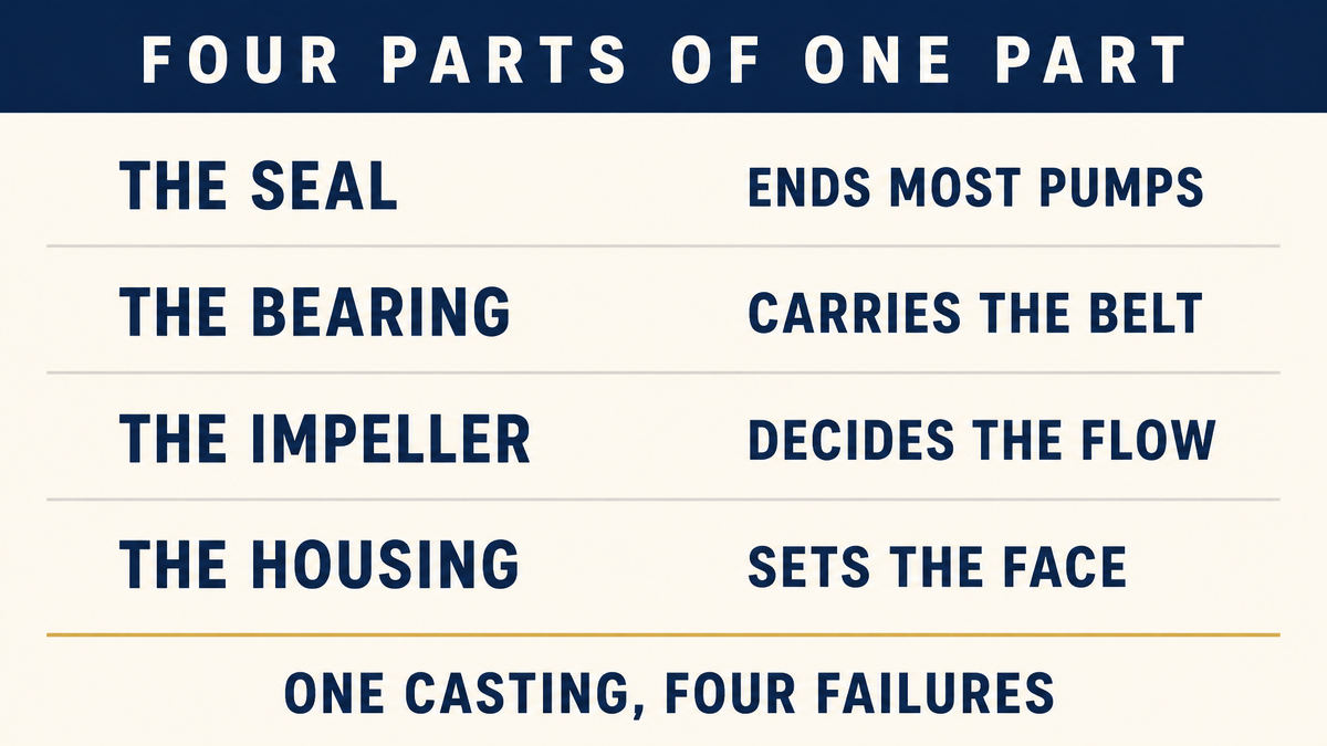 An infographic titled Four Parts of One Part showing the seal that ends most pumps, the bearing that carries the belt, the impeller that decides the flow and the housing that sets the face