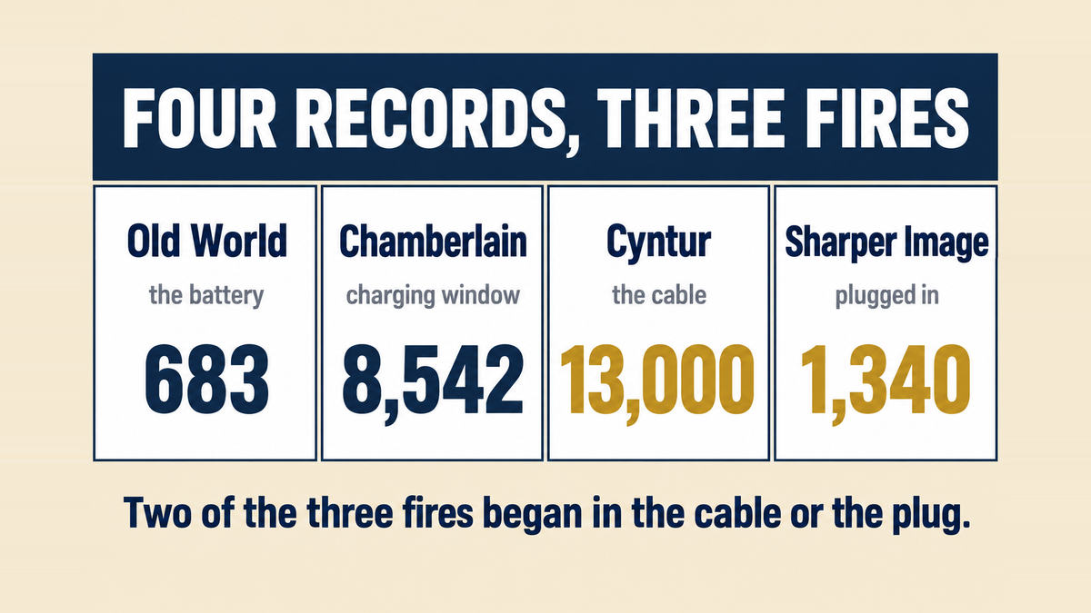 A four column infographic titled Four Records, Three Fires showing Old World Industries at 683 units for the battery, Chamberlain at 8,542 for the charging window, Cyntur at 13,000 for the cable, and Sharper Image at 1,340 for the unit catching fire when plugged in