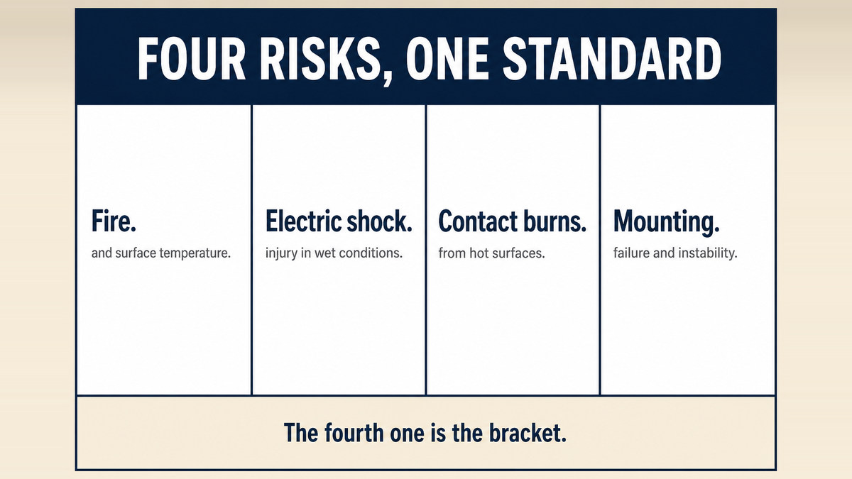 A four column infographic titled Four Risks, One Standard showing fire, electric shock injury, contact burns, and mechanical injury from mounting failure or instability