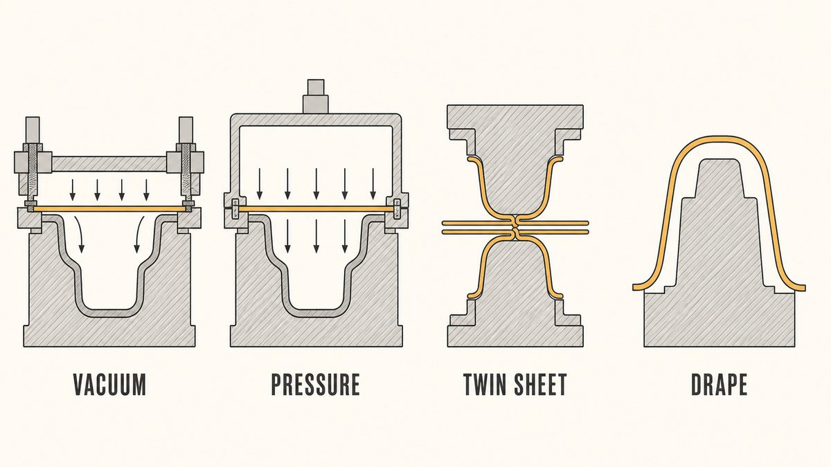 Four sheet forming routes compared in section: vacuum forming, pressure forming with compressed air, twin sheet forming welded along a flange and drape forming over a male mould