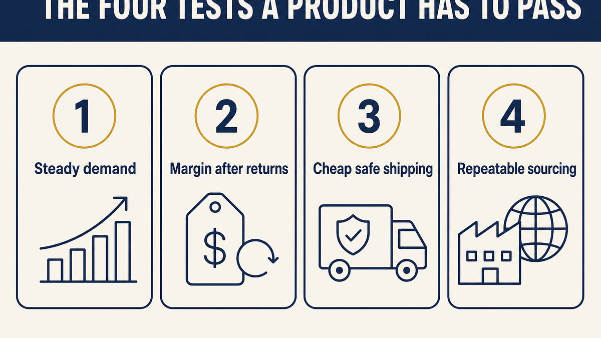 The four tests a dropshipping product has to pass: demand, margin, shipping and sourceability