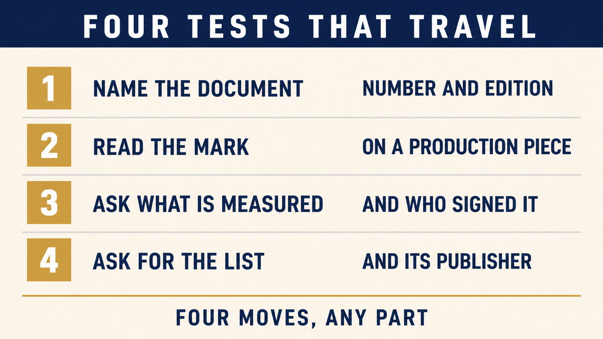 An infographic showing four moves a buyer can apply to any part, name the document, read the mark on a production piece, ask what is measured and who signed it, and ask for the fitment list and its publisher