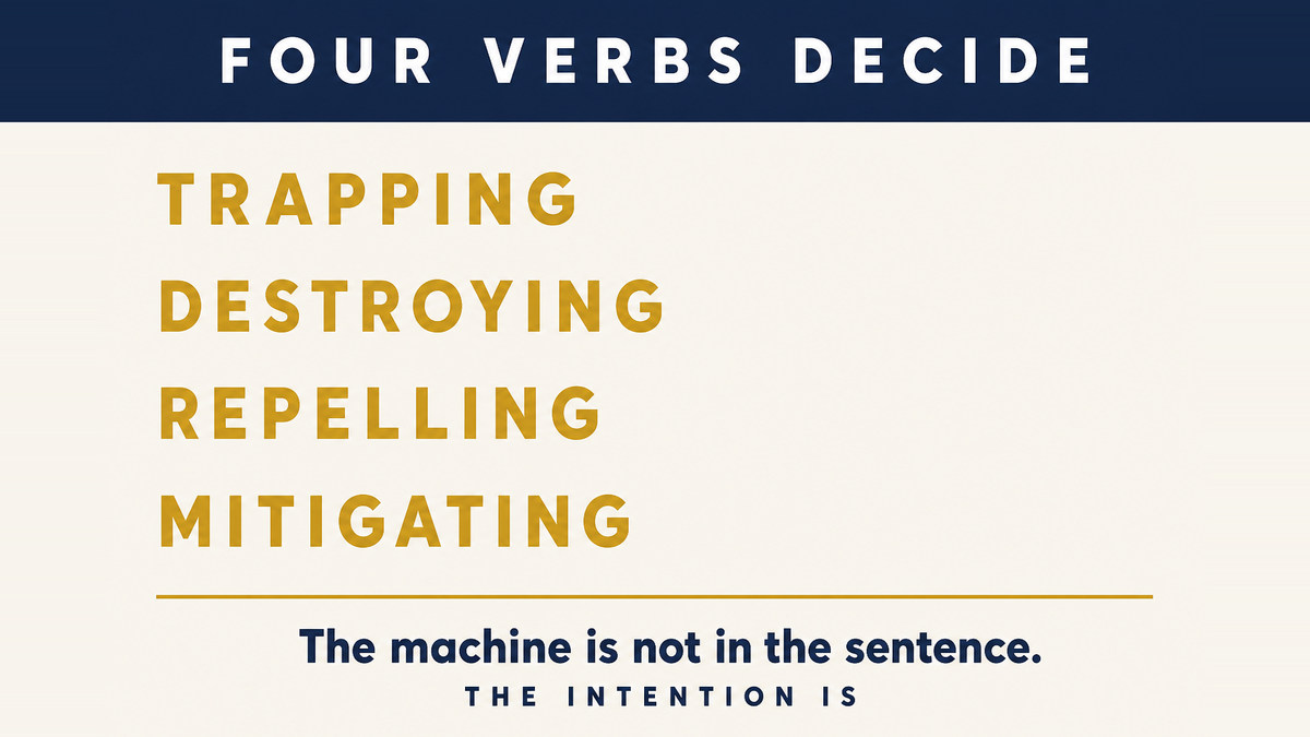 An infographic titled Four Verbs Decide showing the words trapping, destroying, repelling and mitigating above a single caption reading that the machine is not in the sentence