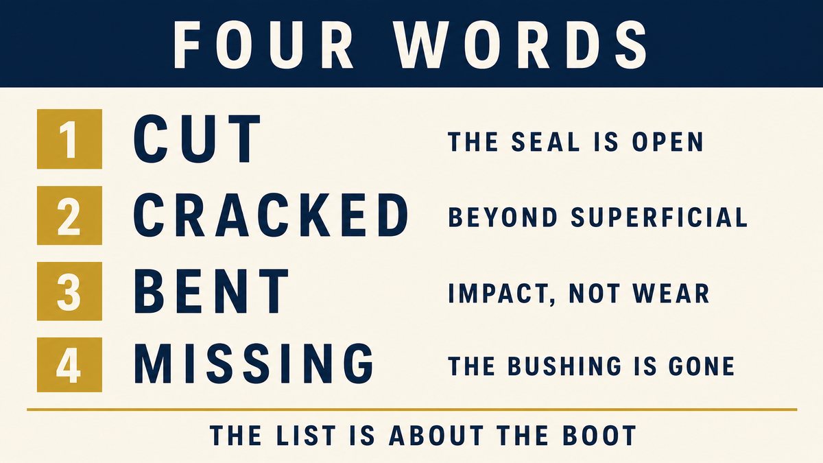 Four inspection conditions: seal cut or cracked, joint bent or damaged, bushing cracked or missing, fastener not secure