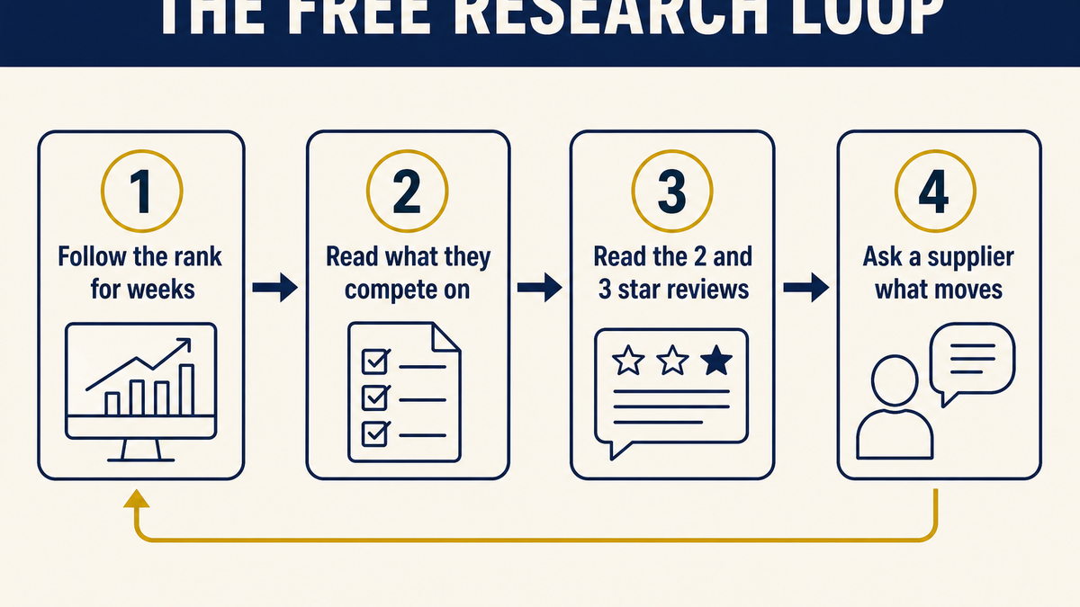 A four step free product research loop: rank movement, what the first page competes on, two and three star reviews, and supplier signals
