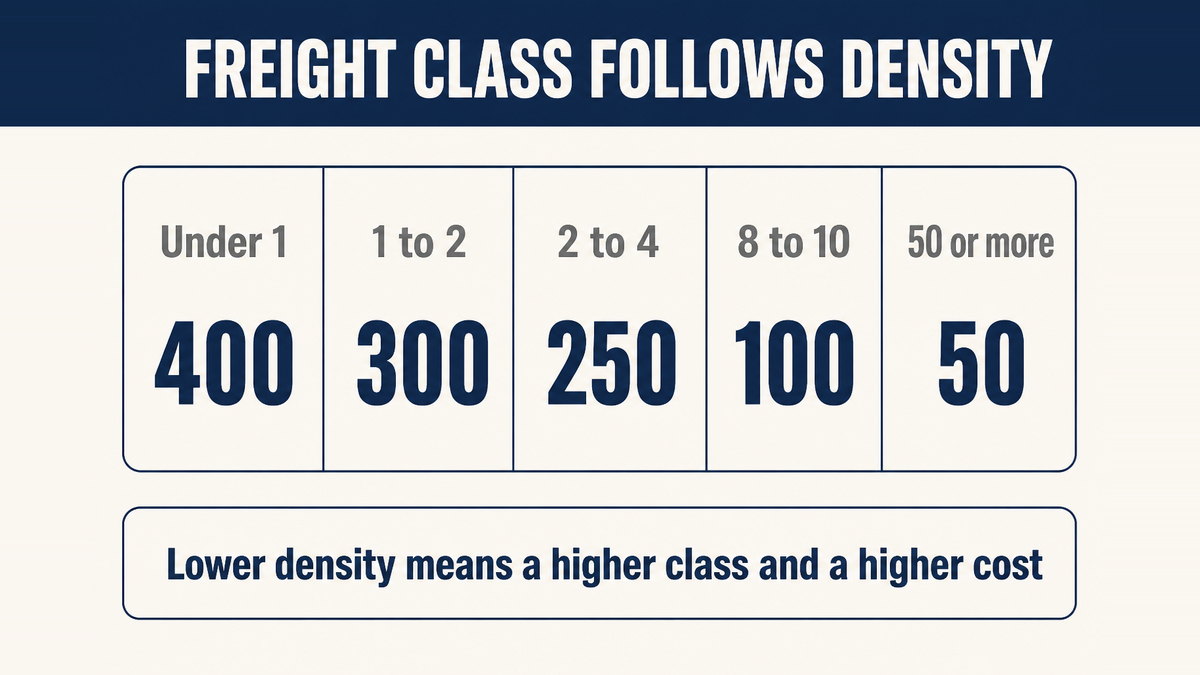 The thirteen-band density scale that maps pounds per cubic foot to a freight class from 400 down to 50