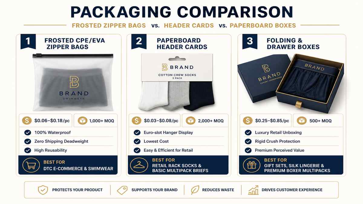 Frosted Zipper Bags vs Header Cards vs Paperboard Boxes Comparison Matrix Infographic