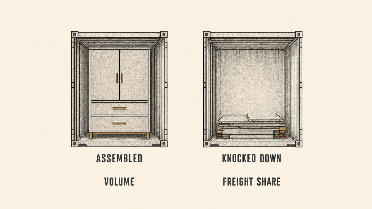 One furniture unit drawn twice as technical outlines side by side: on the left an assembled cabinet sitting inside a tall outline of a shipping container and filling most of it, and on the right the same cabinet drawn knocked down into flat panels stacked in a shallow pile occupying only a small part of an identically sized container outline
