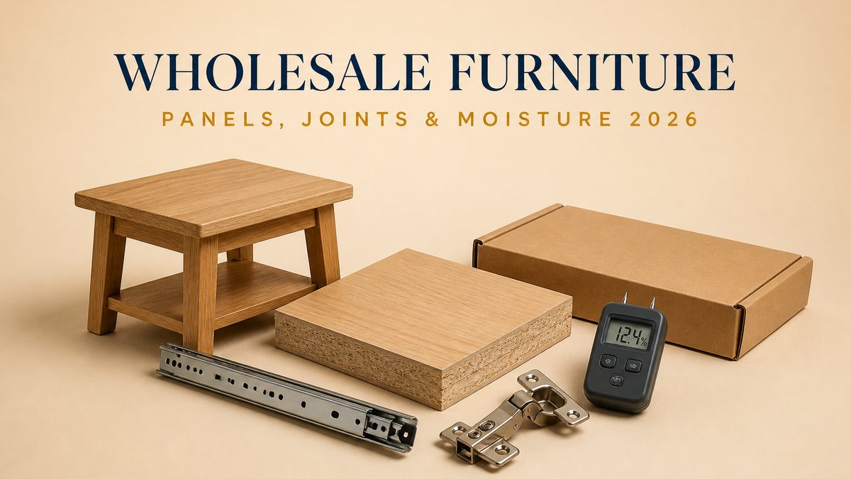 Wholesale furniture cover: a small finished wooden side table, a cut block of veneered board lying flat with its layered edge visible, a metal drawer runner and a cabinet hinge laid beside it, a handheld moisture meter and one folded flat-pack carton on a pale beige studio surface