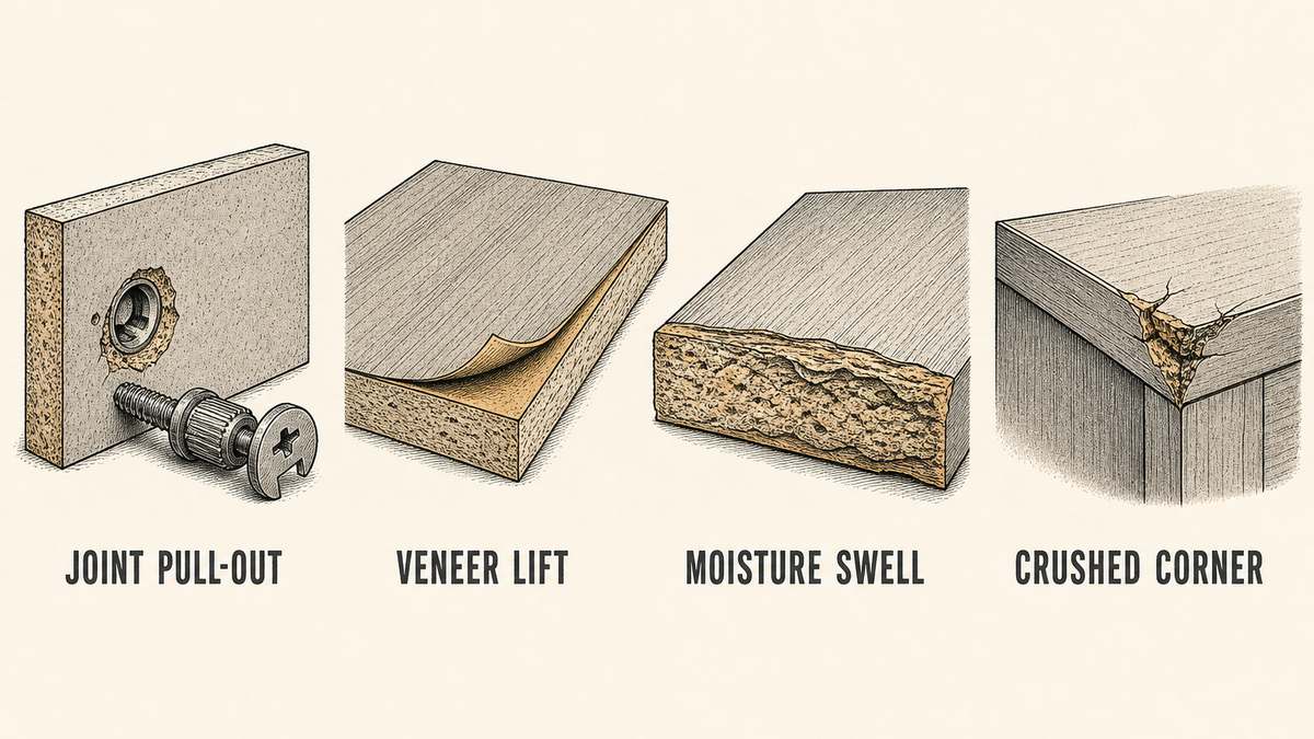 Four damaged furniture parts drawn as technical illustrations: a knock-down joint opened up with the fitting pulled out of the board, a panel with its thin face layer bubbling and peeling at a corner, a board with a swollen broken edge where the core has expanded, and a furniture corner with the edge bashed in and the surface split