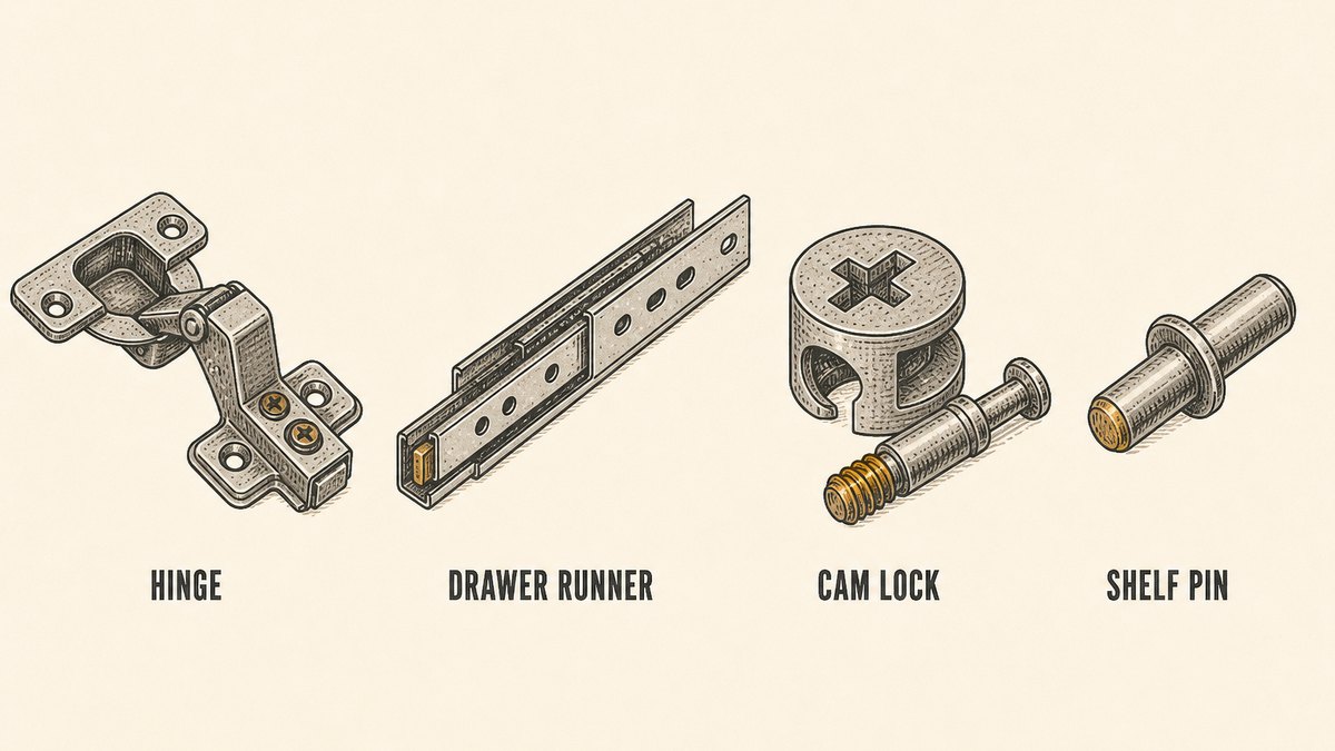 Four furniture fittings drawn side by side as technical illustrations, labelled below as a cabinet hinge, a drawer runner, a cam lock knock-down fitting and a shelf pin