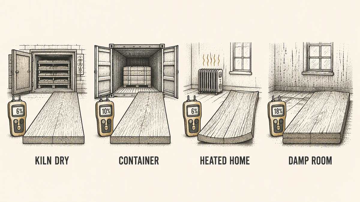 A wooden board drawn as a technical flat shown at four stages along a horizontal sequence with a small moisture meter reading at each, the board staying flat at the kiln and in the container, then cupping slightly with a fine crack in a dry heated room, and then swollen with tight joints in a damp room