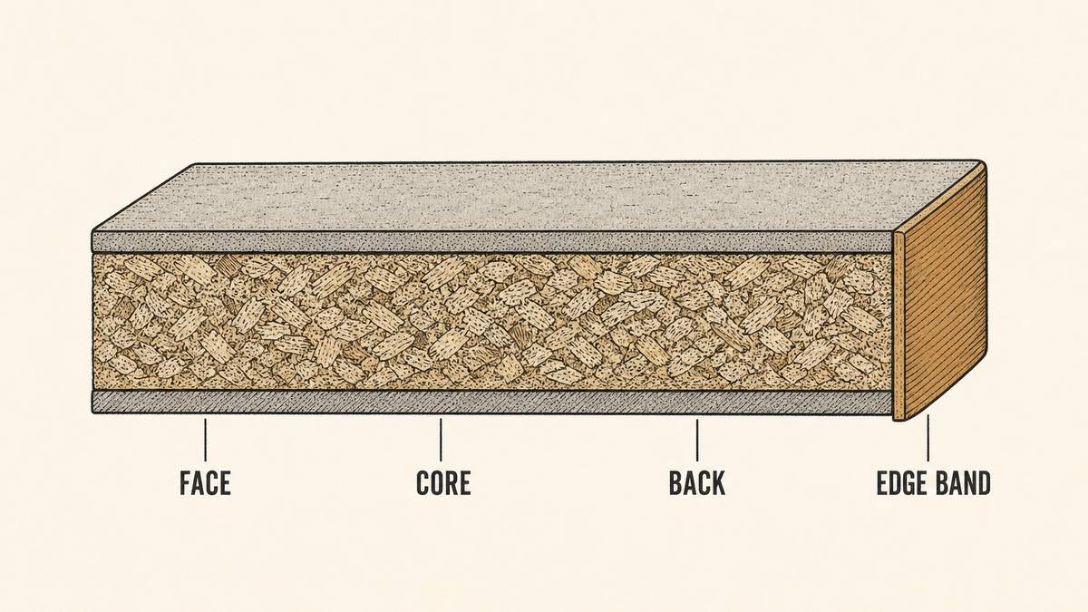 A cut block of furniture board drawn in cross-section with the layers stacked visibly and one cut edge shown, labelled with leader lines as the thin face layer, the thick core board, the balancing back layer and the edge band applied over the cut edge