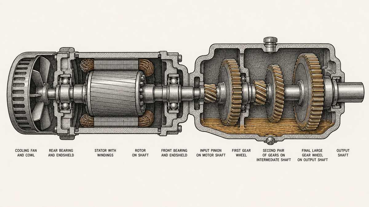 A single geared motor drawn as one long cut-away section along its axis as a hand-drawn pen-and-ink engineering plate, showing the inside of both the motor and the gearbox continuously from left to right: the motor end with its cooling fan and cowl, the rear bearing and endshield, the wound stator with coils in cross section, the rotor on its shaft, the front bearing and endshield, then the gearbox with the input pinion on the motor shaft meshing with the first gear wheel, a second pair of gears on an intermediate shaft, and the final large gear wheel on the output shaft passing out through the housing, and along the bottom of the gearbox a shallow oil pool with a drain plug at its lowest point and a breather vent on top of the housing