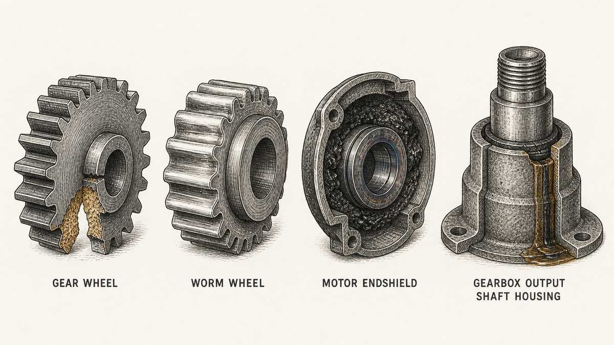 Four failed gearmotor components drawn in a single horizontal row across the middle of the frame as a hand-drawn pen-and-ink engineering plate, each an isolated object with a label underneath: a gear wheel in cut section with two adjacent teeth broken clean away at the root, the fracture faces bright and grainy while the remaining teeth are undamaged; a worn worm wheel in cut section with its teeth flattened and thinned down almost to smooth stubs and the metal polished bright compared with the untouched hub; a motor endshield in cut section with its bearing race scored and blued from heat and the surrounding grease turned hard and black; and a gearbox output shaft housing in cut section with oil weeping past a hardened, cracked and flattened lip seal and running down the outside of the housing onto the flange below