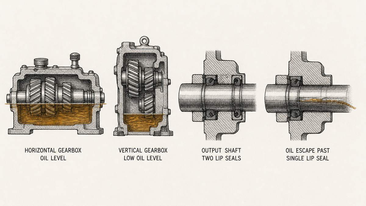 Four gearbox lubrication and sealing details drawn in a single row as a hand-drawn pen-and-ink engineering plate, each an isolated cut-away detail with a label underneath: a gearbox lying horizontally in cut section with a shallow oil pool filling the lower part of its housing up to a horizontal oil level line drawn across the section, and a round filler plug on top with a breather vent beside it; the same gearbox stood on its end in cut section with the oil pool now against the output end, the oil level line well below its original height and the upper gear wheels left dry and uncovered; a gearbox output shaft in cut section passing through its housing and carrying two lip seals with a shallow groove worn into the shaft where the seals run; and the same shaft area with a single seal in place and a visible track of escaped oil creeping along the shaft past the seal and out of the housing