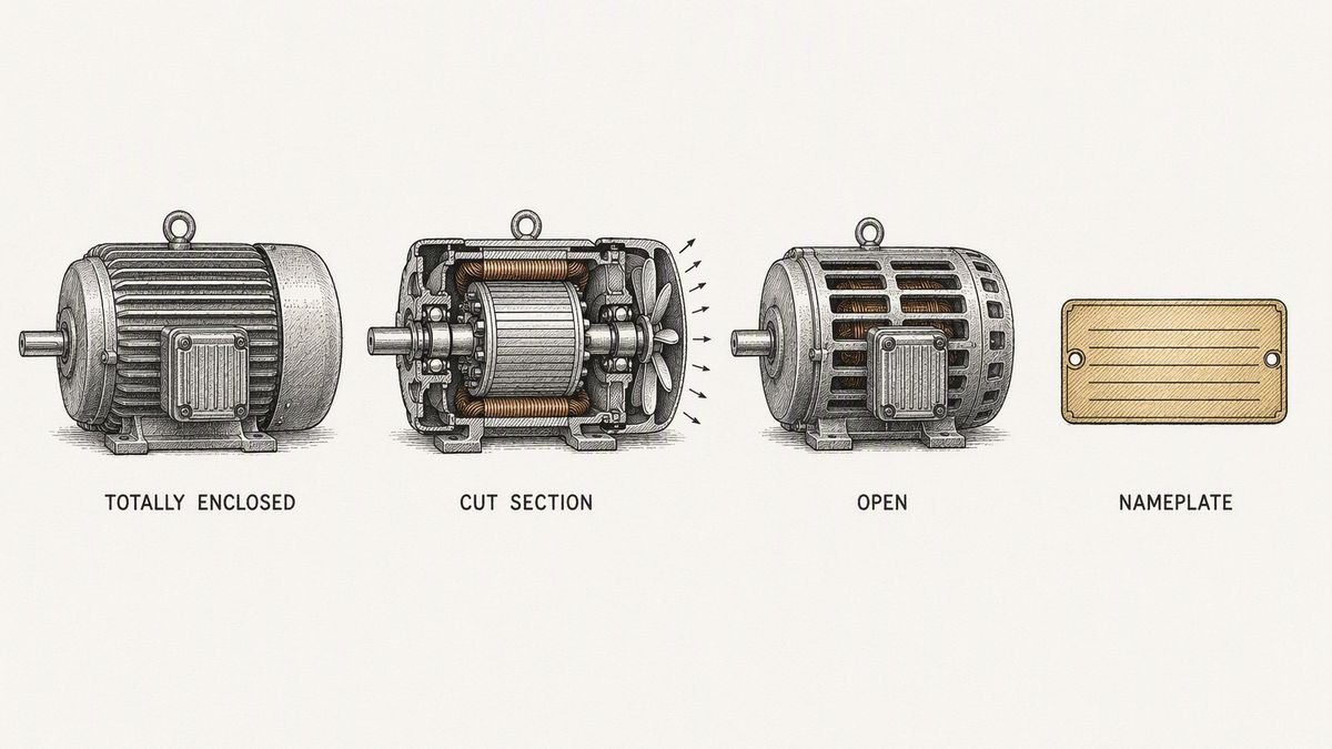 Four views of an industrial electric motor drawn in a single row as a hand-drawn pen-and-ink engineering plate, each an isolated object with a label underneath: a totally enclosed motor in side view with a finned cylindrical body, a closed cooling fan cowl at the rear and a ribbed terminal box on the side with no openings in the frame; the same motor in cut section along its axis showing the wound stator with coils in cross section, the rotor on its shaft, both endshields with their bearings and the internal fan at the rear; an open motor in side view with large open ventilation slots cut through the body and no fan cowl; and a small rectangular motor nameplate drawn on its own with a blank ruled face and two fixing holes