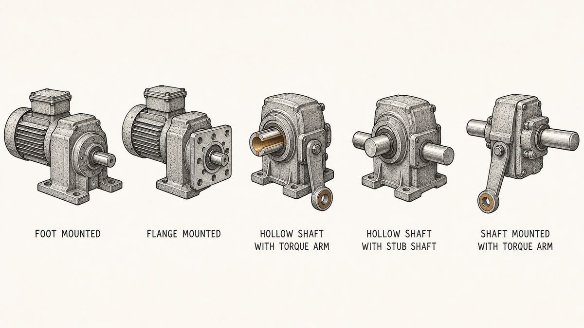 Five gearbox mounting arrangements drawn in a single row as a hand-drawn pen-and-ink engineering plate, each an isolated unit or detail seen from the side with a label underneath: a geared motor with a flat foot mounting bracket underneath its gearbox and bolt holes through the feet; the same geared motor with a square flanged face on the output side carrying a ring of bolt holes; a gearbox with a hollow output shaft in cut section so the bore through the middle of the shaft is visible, with a keyway along the bore and a torque arm bracket bolted to the side of the housing; the same hollow-shaft gearbox with a solid stub shaft passed through its bore; and a shaft-mounted gearbox with a slender steel torque arm ending in a rubber-bushed eye