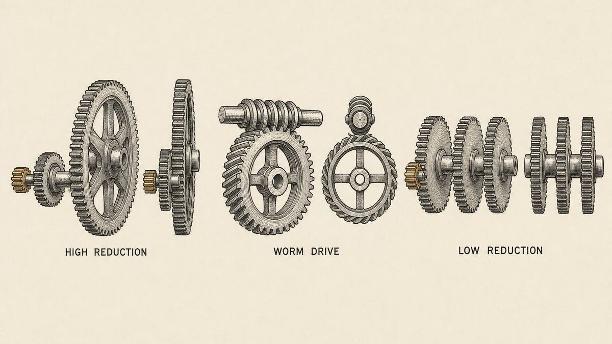 Three gear train arrangements drawn in a single row as a hand-drawn pen-and-ink engineering plate, each showing gear wheels in mesh with a label underneath: a small pinion with few teeth driving a very large gear wheel with many teeth, drawn as a two-stage train with a small first gear and a large last gear; a train of several nearly equal sized gear wheels meshing with each other; and a worm drawn as a single-threaded screw shaft meshing with a large worm wheel whose teeth are cut at an angle, shown once from the side and once from the end so the crossed axes are plain to see
