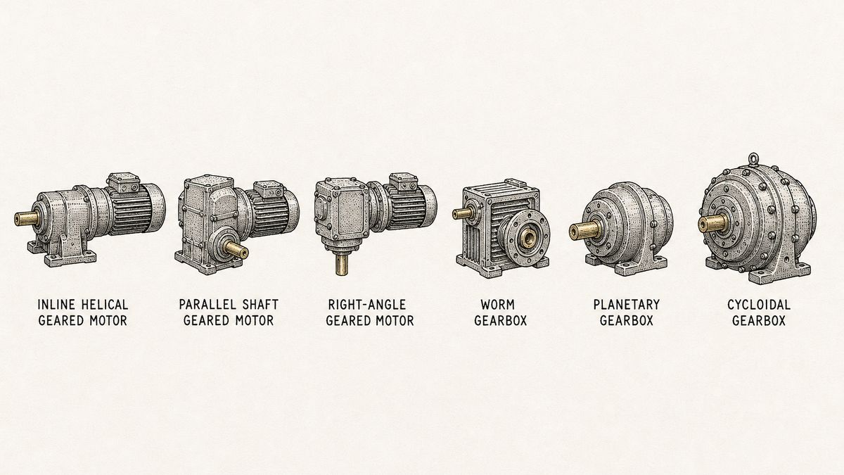Six kinds of industrial gearbox and geared motor drawn in a single row as a hand-drawn pen-and-ink engineering plate, each an isolated unit seen from the side with a label underneath: an inline helical geared motor with a cylindrical motor body bolted end to end with a slim inline gearbox and a coaxial output shaft; a parallel shaft geared motor with the output shaft offset below and parallel to the motor shaft; a right-angle geared motor with the gearbox set square to the motor so the output shaft points down; a worm gearbox alone with a ribbed barrel housing, a small input shaft at one end and a round flanged output on the side; a planetary gearbox alone with a smooth stepped cylindrical housing and a short output shaft; and a cycloidal gearbox alone with a squat round housing of larger diameter than the motor and a ring of bolts round its rim