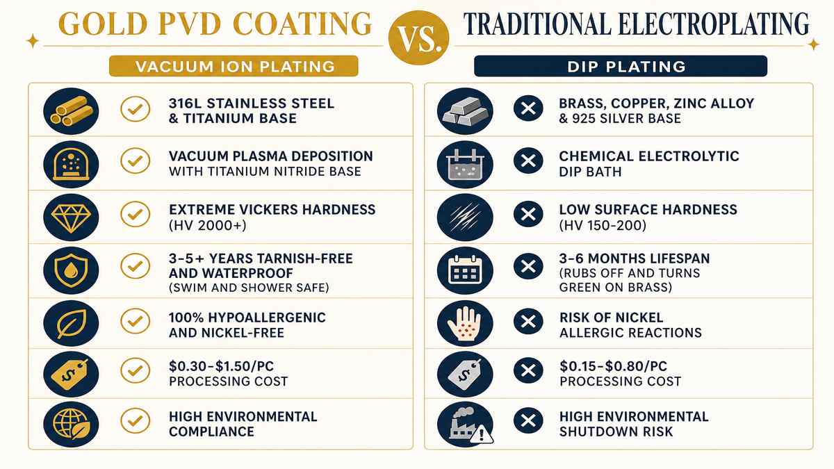 Gold PVD Coating vs Traditional Electroplating Head-to-Head Comparison Infographic
