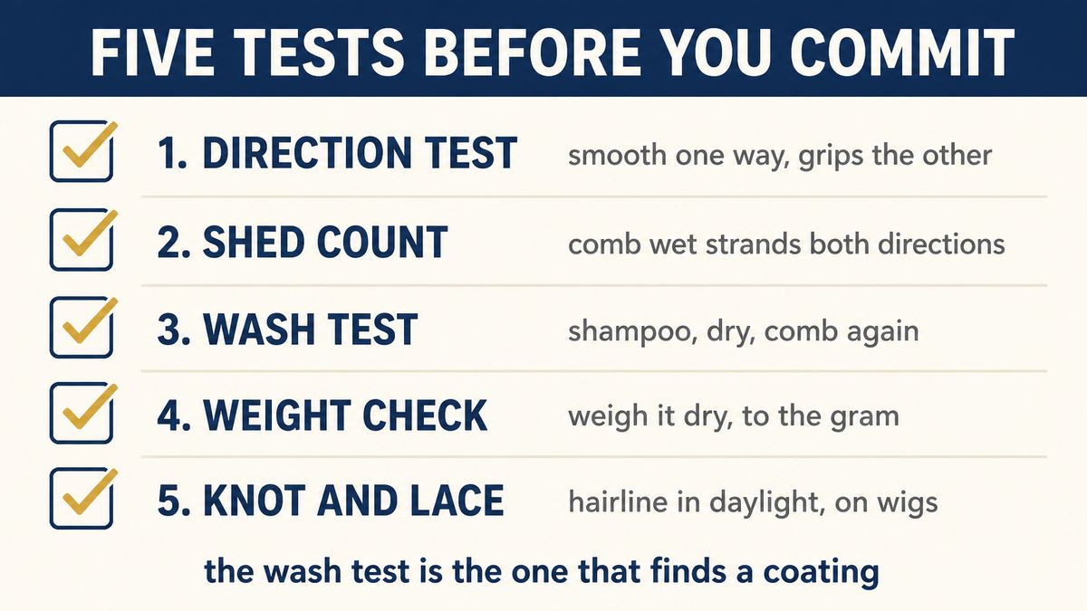 Sample test checklist for hair extensions: direction test, wash test, shed count, bundle weight and knot check