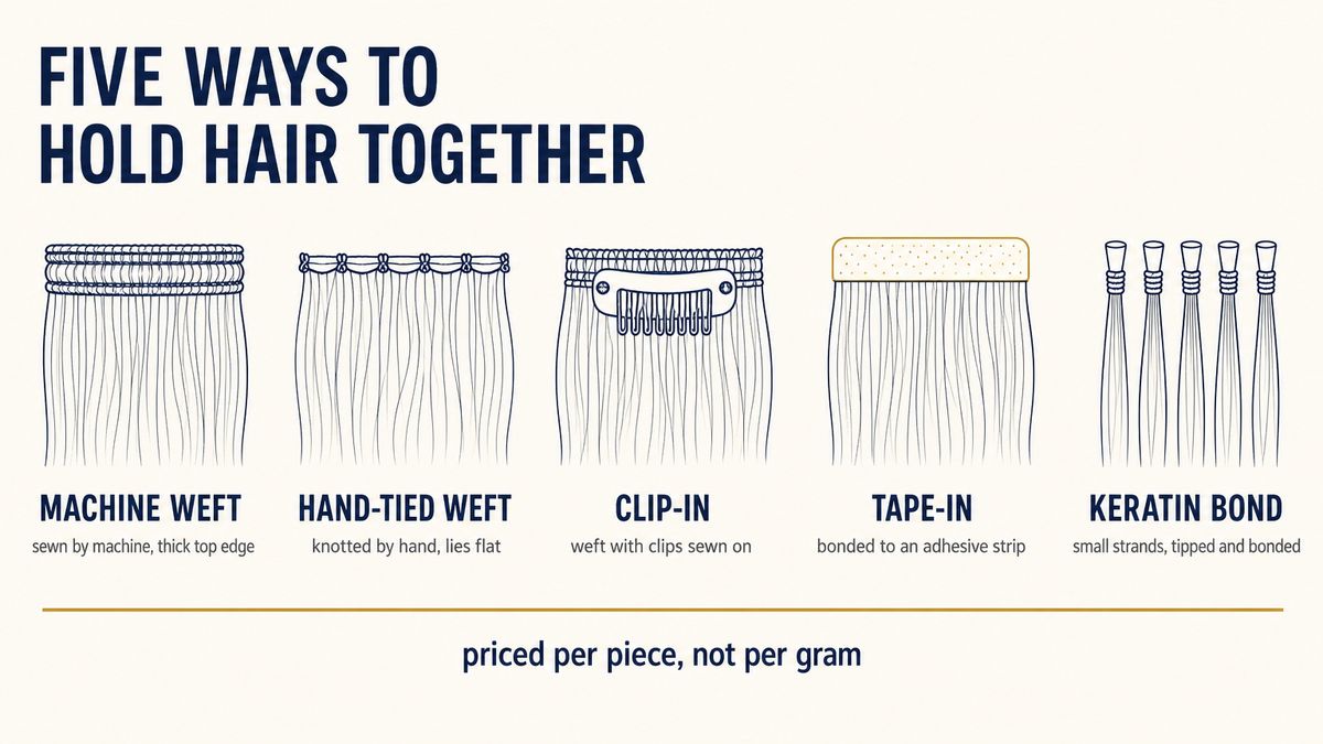Hair extension weft types compared: machine weft, hand-tied weft, clip-in, tape-in and keratin bond