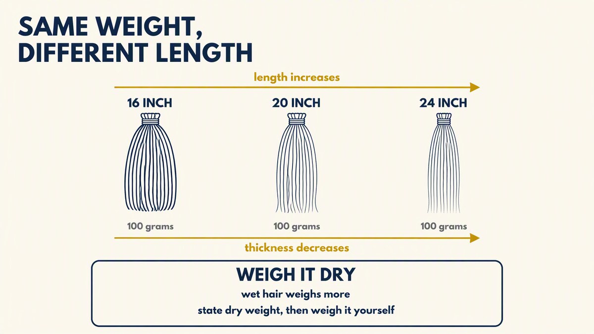 Hair bundle length against weight, showing how the same weight thins as length increases