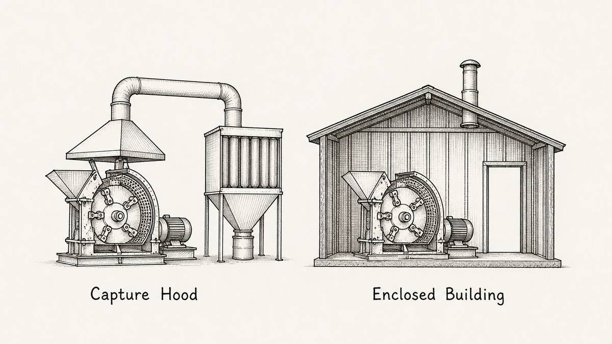 Two ways of enclosing a hammer mill drawn as a pen and ink engineering plate with a label under each: a mill whose discharge is covered by a hood with a round duct rising from it and running to a box-shaped filter housing beside it, and the same mill standing inside a simple building drawn in section with an open doorway and a short vent duct through the roof