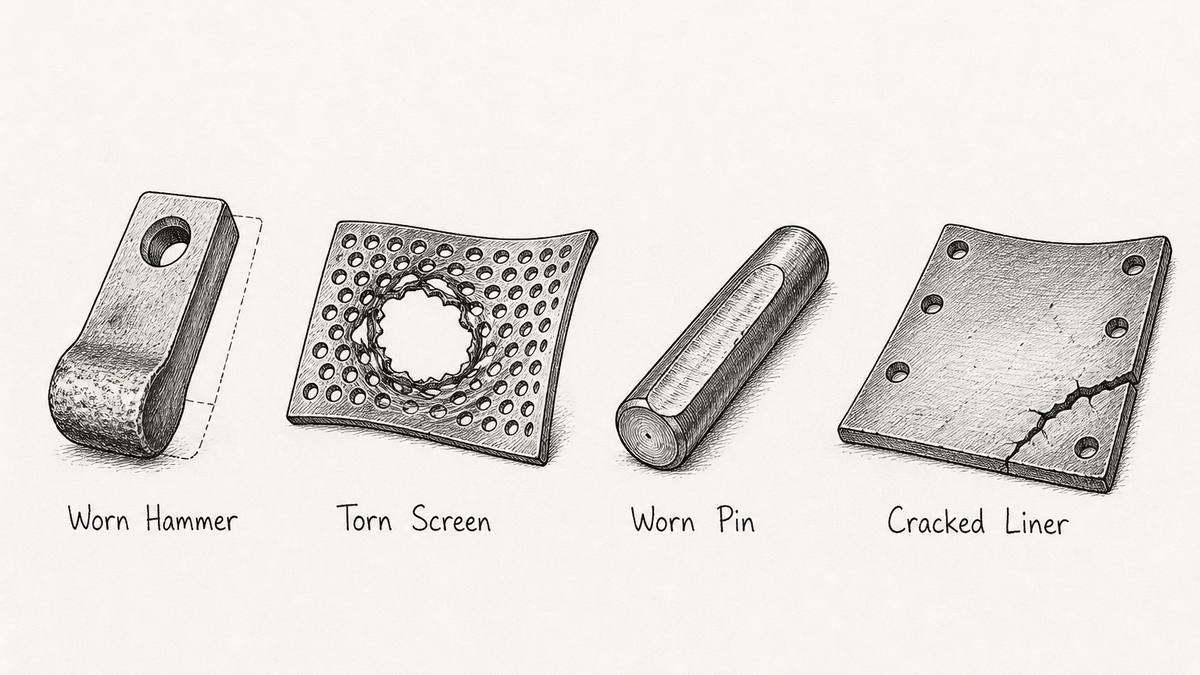 Four failed hammer mill parts drawn as a pen and ink engineering plate with a label under each: a rectangular hammer worn at its working edge into a rounded stub with the original corner shown behind it as a thin outline, a perforated screen with one hole torn into a large ragged opening, a cylindrical rotor pin worn flat on one side, and a flat chamber liner plate with a crack running across one corner