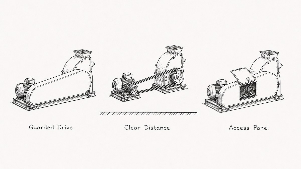 Three guarding arrangements drawn as a pen and ink engineering plate with a label under each: a motor and belt drive with a solid sheet guard closed over the whole belt run, the same drive with no guard at all and a hatched walking surface drawn well clear of it, and a belt guard fitted with a hinged access panel standing open