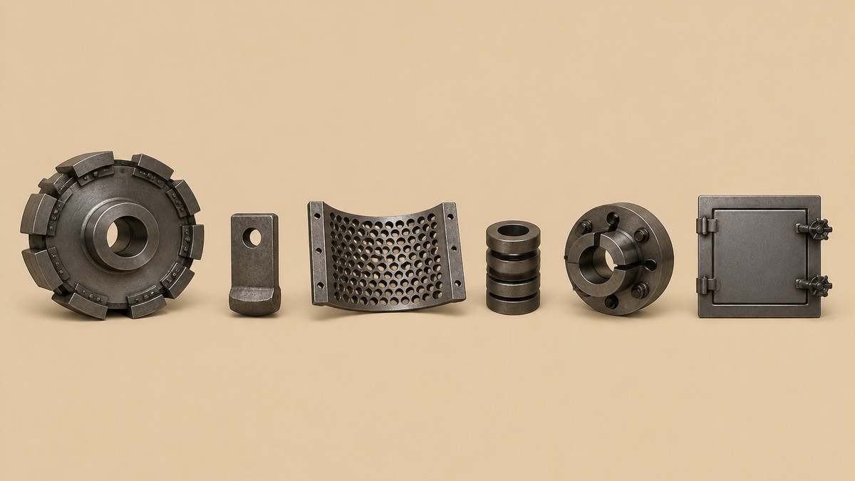Hammer mill cover image showing a heavy steel rotor disc with rectangular hammers mounted on its rim, a single loose hammer with a rounded working edge and a mounting hole, a curved perforated screen section, a stack of cylindrical spacer rings, a flanged jaw coupling and a small lift-out access door with two hand nuts on a warm beige studio surface