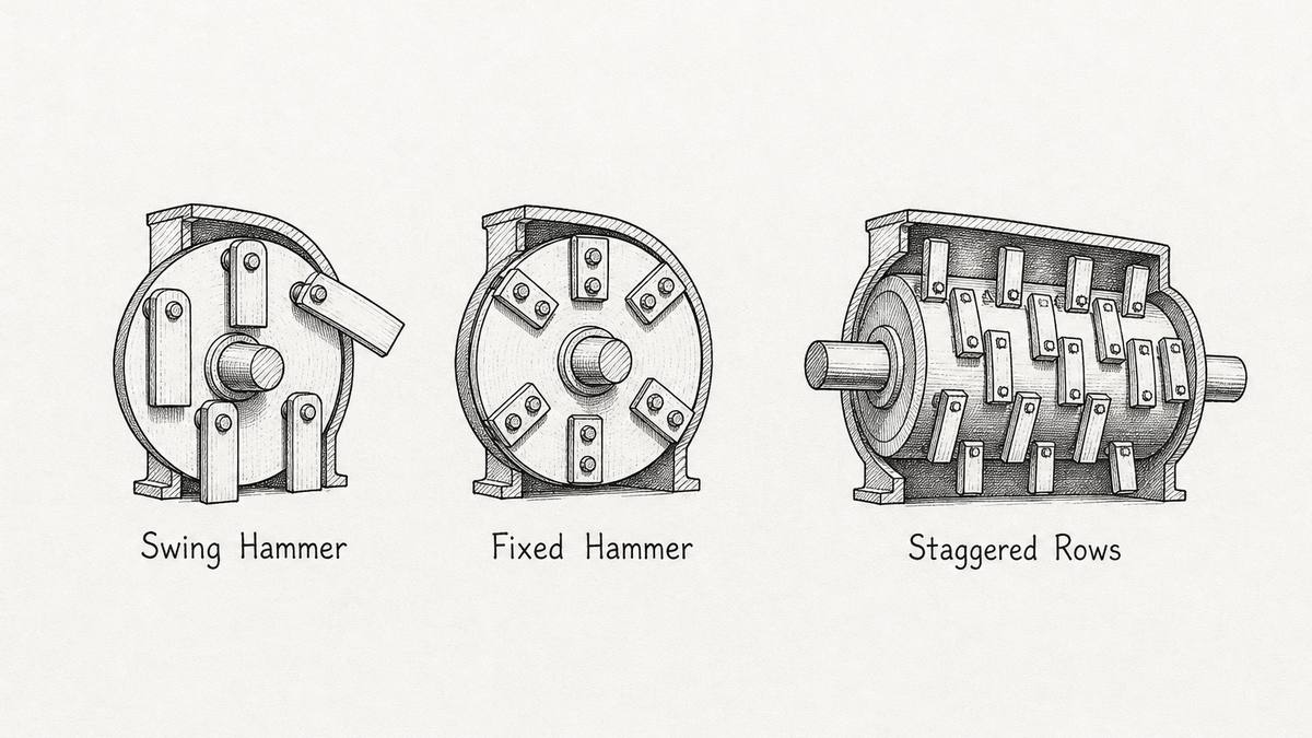 Three hammer rotor arrangements drawn as a pen and ink engineering plate with a label under each: a rotor disc carrying flat rectangular hammers hung loosely on through pins so they can swing, a rotor with the same hammers fixed rigidly to the disc faces by bolts, and a rotor carrying hammers in several staggered rows along its length