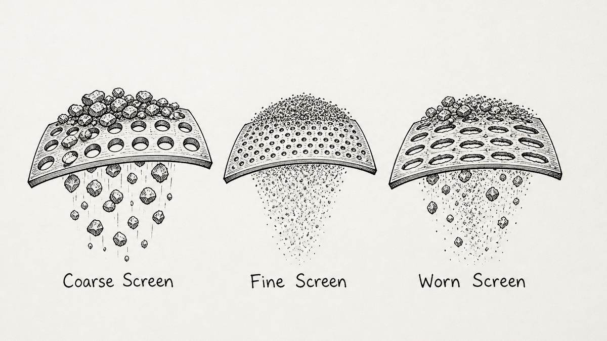 Three screen conditions drawn as a pen and ink engineering plate with a label under each: a coarse perforated screen with large round holes and coarse grains falling through, a fine screen with small round holes and fine grains falling through, and a worn screen whose holes have stretched into ragged ovals letting a mixture of coarse and fine grains through
