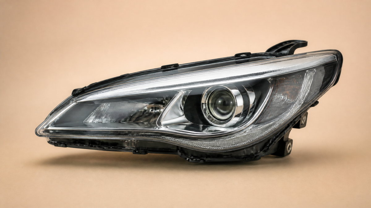 Projector headlamp assembly seen from the front quarter, clear lens and LED strip