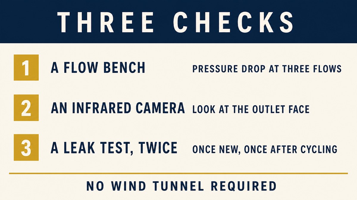 Three checks: a flow bench pressure drop curve at three flow rates, an infrared image of the outlet face, and a leak test repeated after thermal cycling