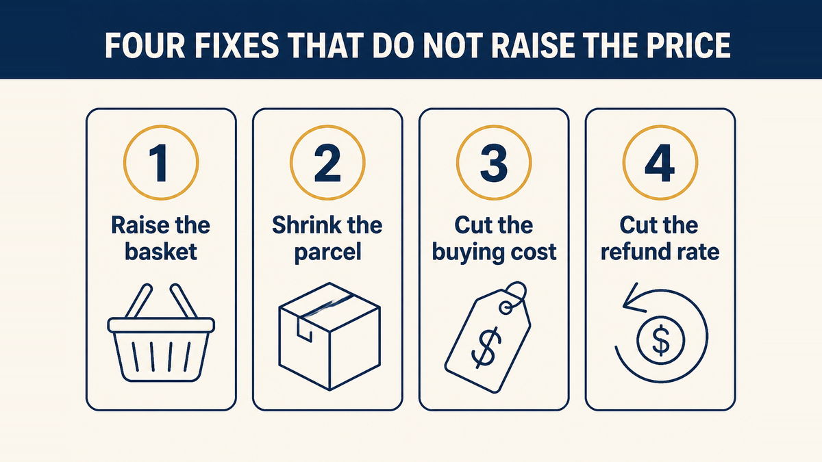 Four ways to lift a thin margin without raising the price: raise the basket, shrink the parcel, cut the buying cost and cut the refund rate