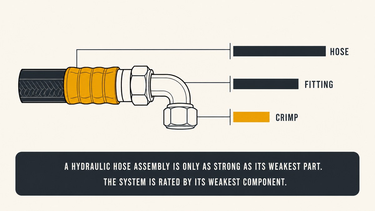 One hose assembly with three leader lines comparing the hose rating, the fitting rating and the crimp, showing that the assembly takes the weakest of the three