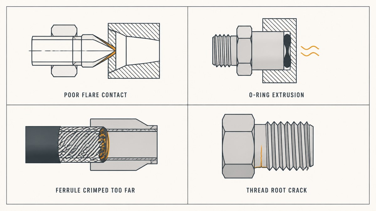 Four hydraulic fitting failure modes shown in section: poor flare contact, an O-ring extruded out of its groove, a ferrule crimped too far into the hose reinforcement and a crack at the thread root