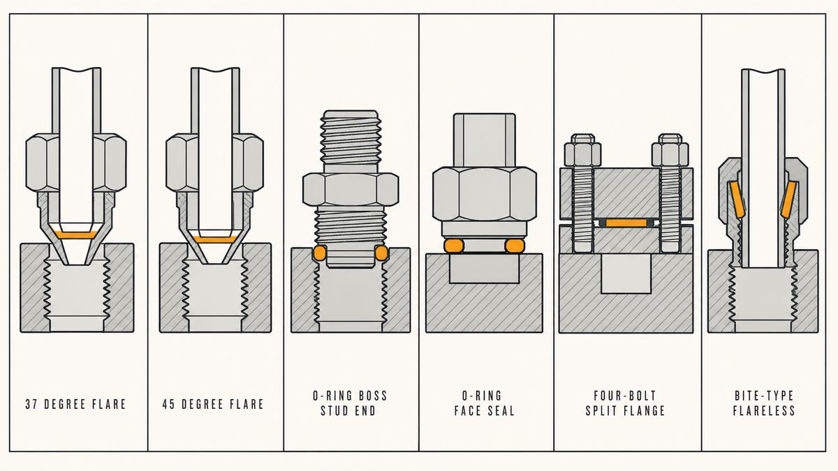 Hydraulic fitting families compared by how they seal: 37 degree flare, 45 degree flare, O-ring boss, O-ring face seal, four-bolt split flange and bite-type flareless