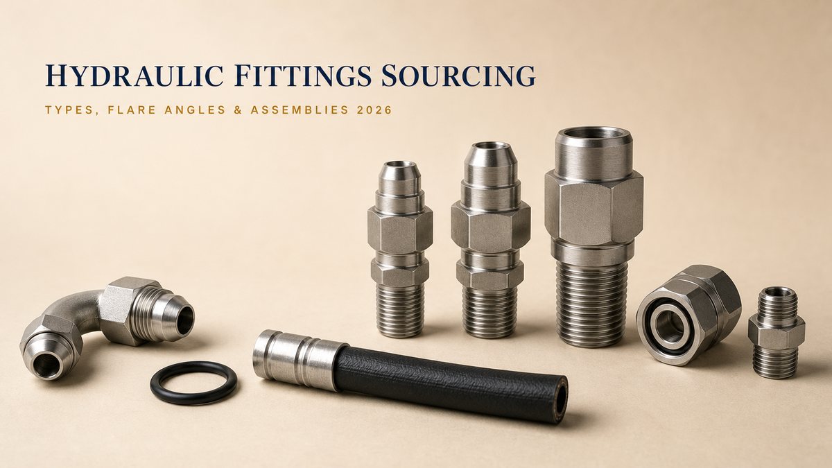 Hydraulic fittings sourcing cover: steel and stainless hose fittings, a JIC flare fitting, an O-ring face seal fitting, a cut hose end and a crimped ferrule on a beige studio surface